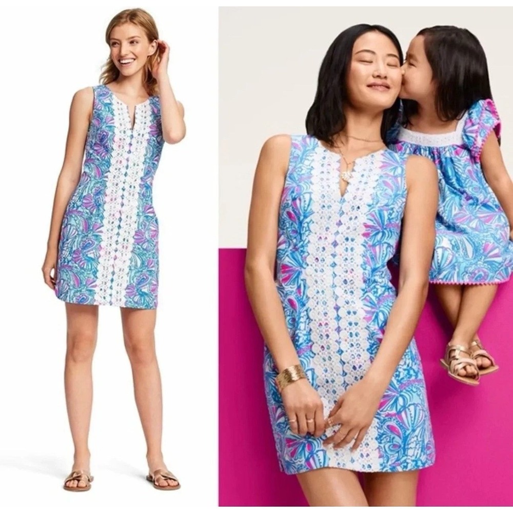 Lilly Pulitzer for Target My Fans Blue Pink Shift Dress Womens 4 Coastal Beach